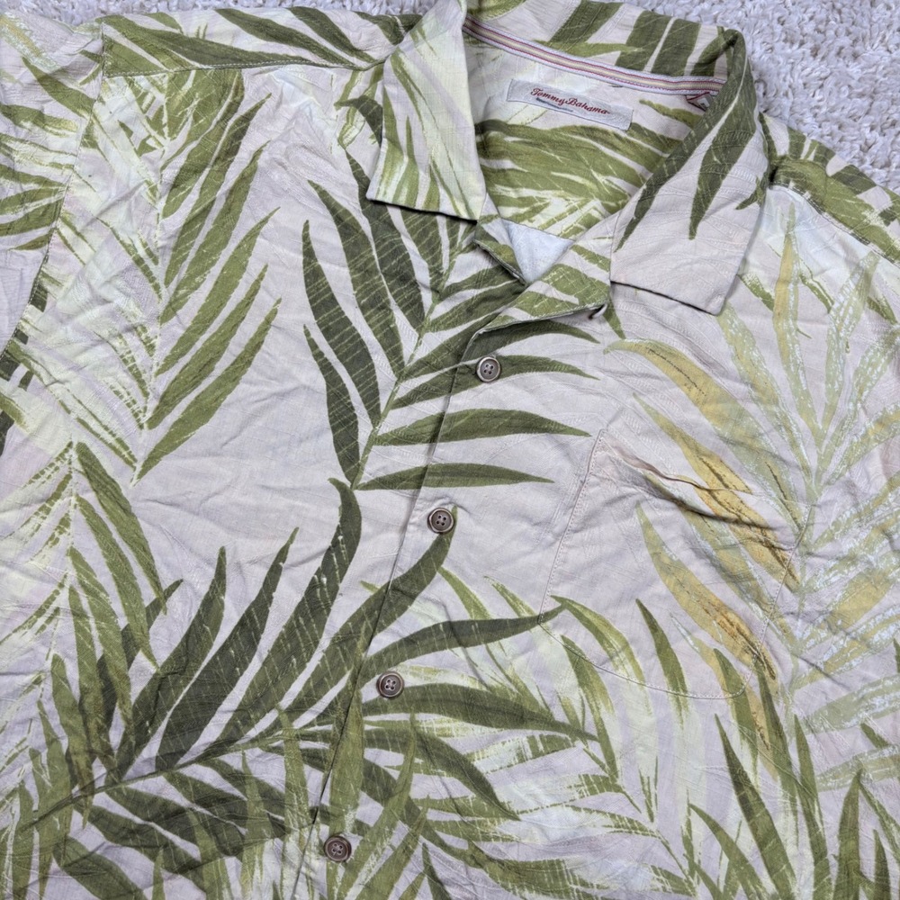 Tommy Bahama Silk Shirt Mens XL Beige Green Palm Leaf Tropical Button Up